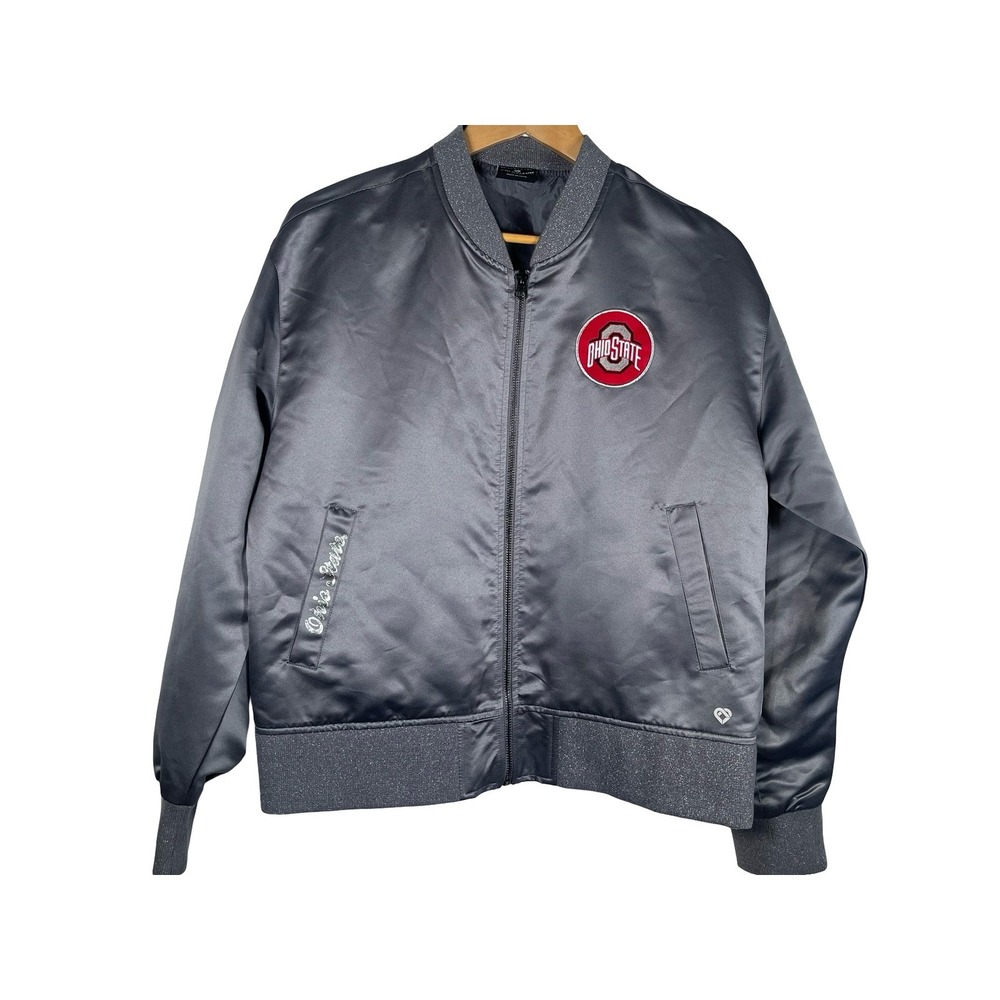 Colosseum Ohio State Buckeyes Women Gray Satin Bomber Jacket NCAA Med Full Zip
